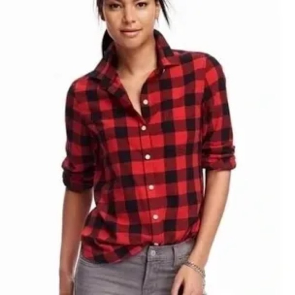Old Navy The Classic Shirt Red Black Gingham Plaid Flannel SP PETITE SMALL